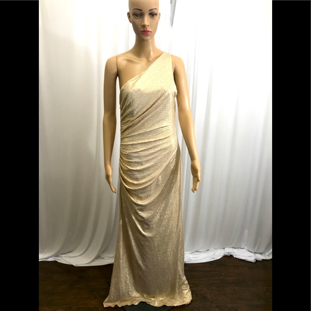 LAUNDRY BY SHELLI SEGAL ONE SHOULDER GOLD EVENING GOWN